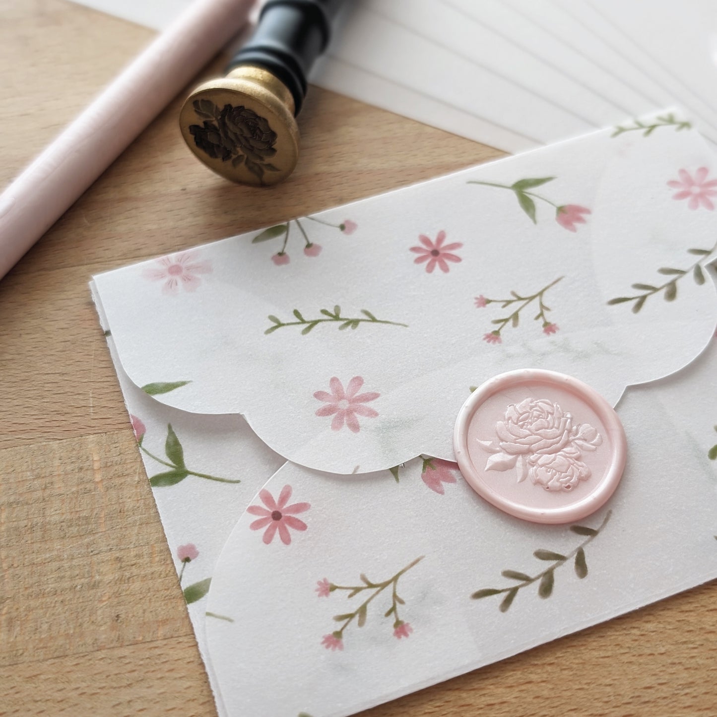Cute Pink Florals - Bar Scallop Envelope Instant Download Template