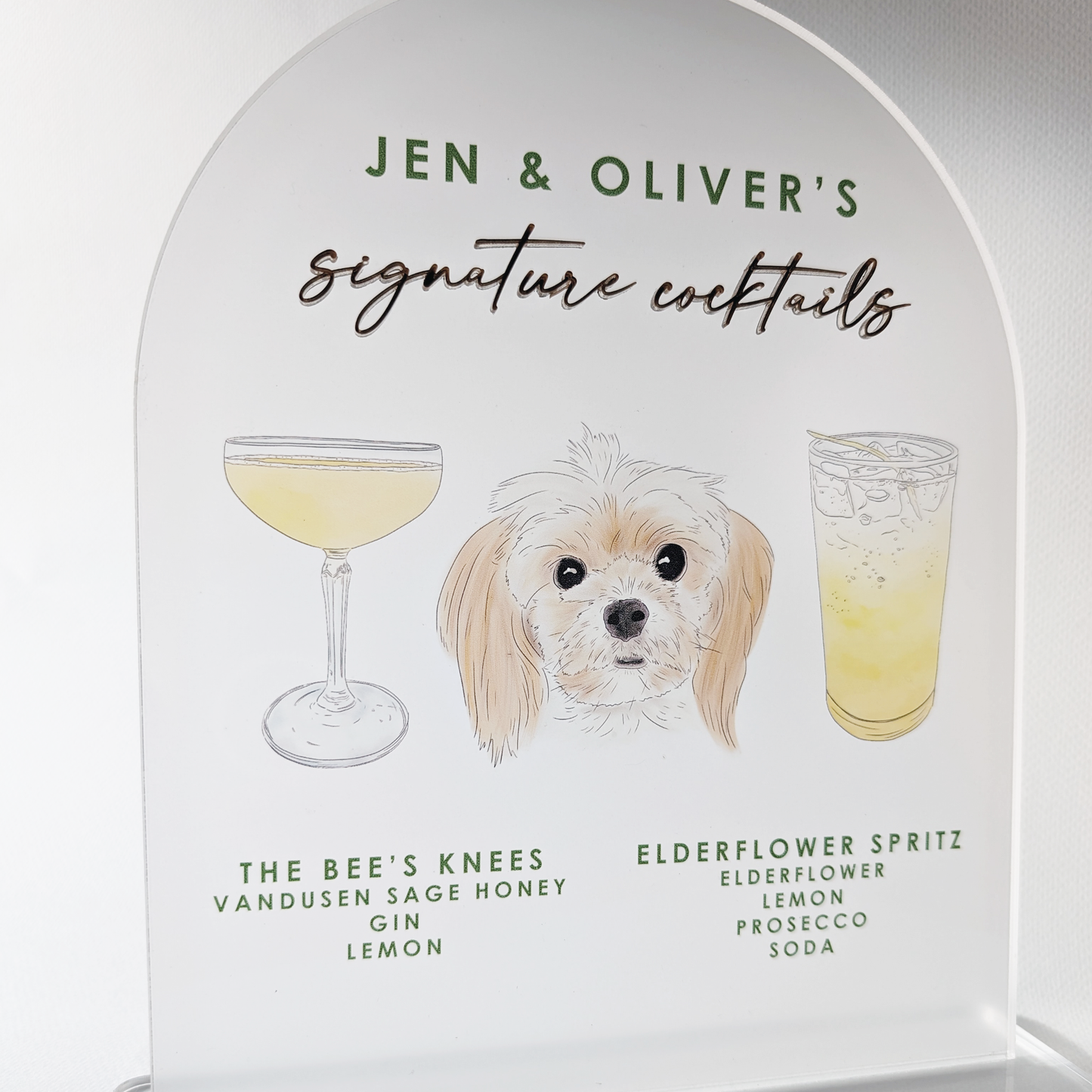 Illustrated Pet and Signature Cocktails - Frosted Acrylic Bar Menu