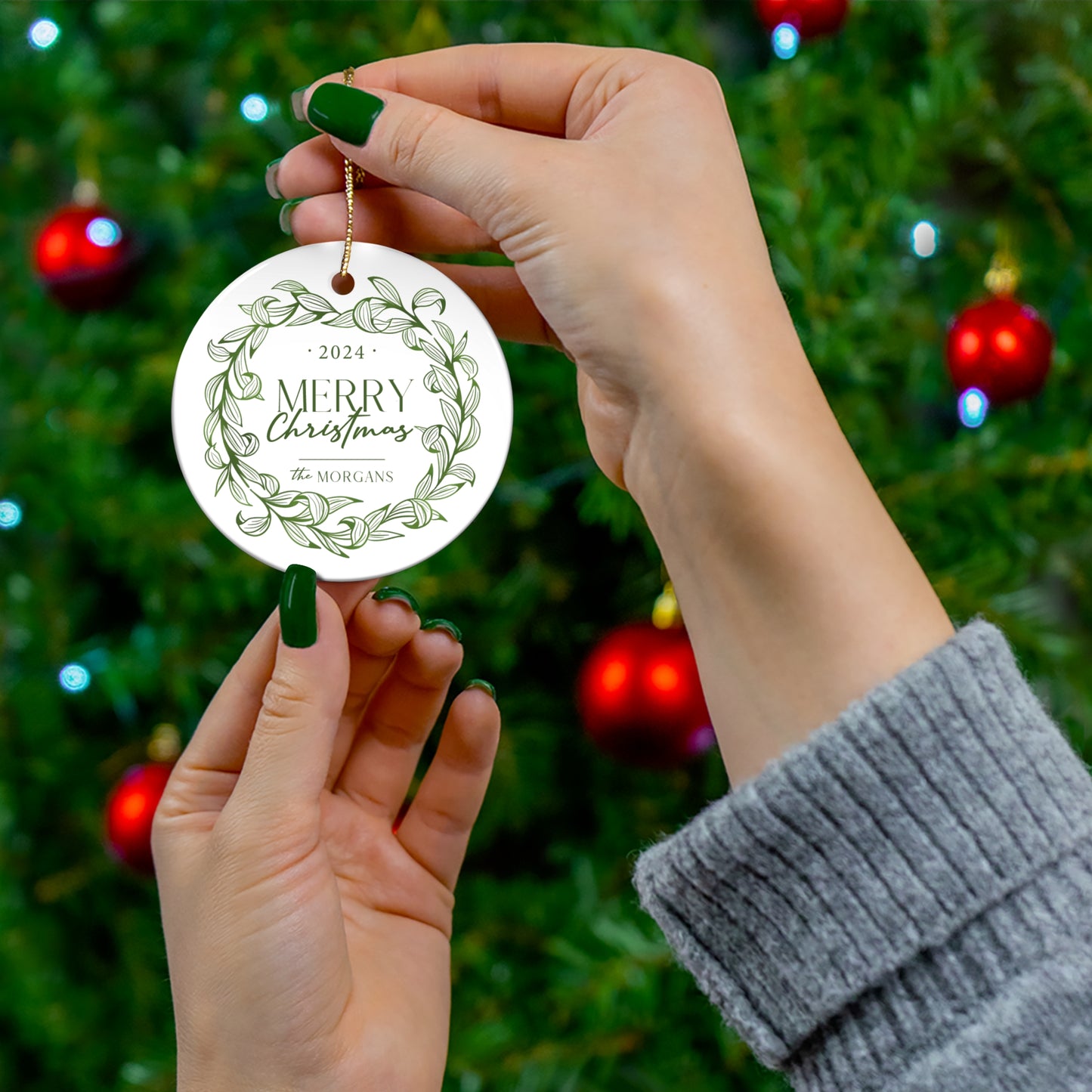 Green Leafy Wreath Ceramic Ornament