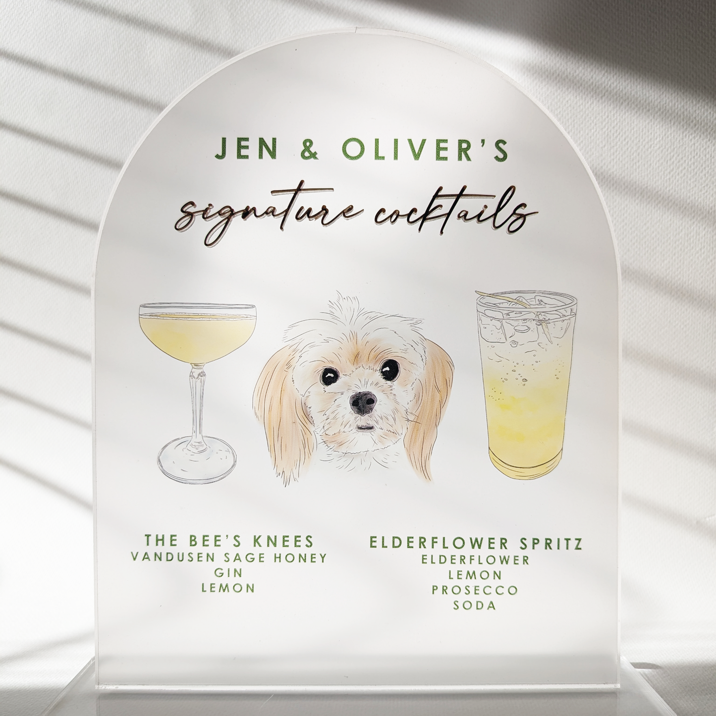 Illustrated Pet and Signature Cocktails - Frosted Acrylic Bar Menu