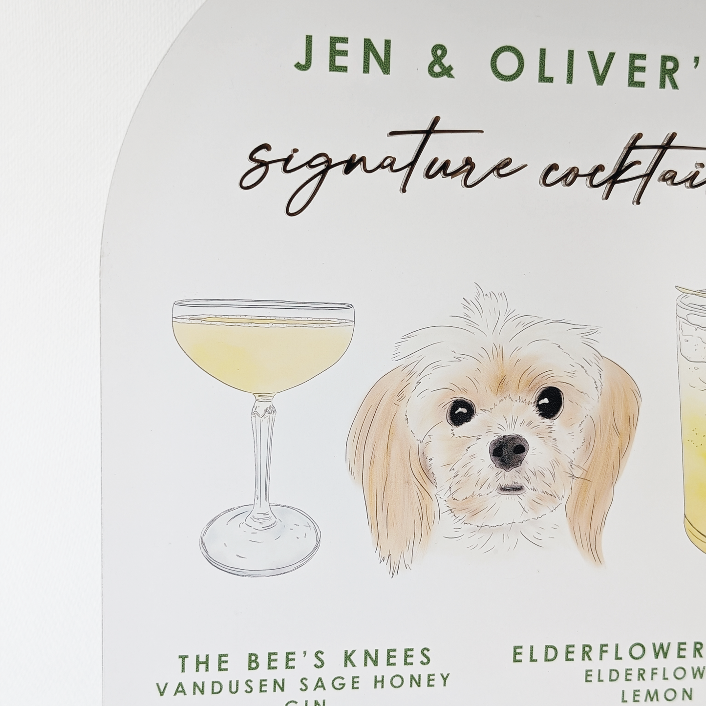 Illustrated Pet and Signature Cocktails - Frosted Acrylic Bar Menu